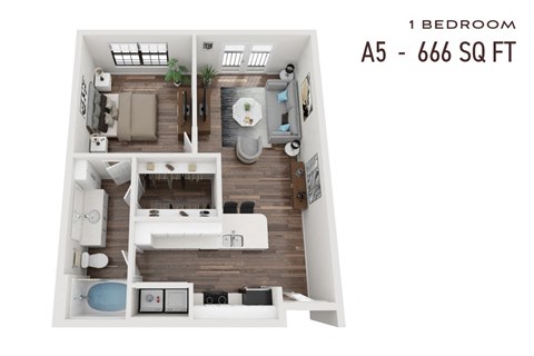 Floor plan for 1 bed, 1 bath, 666 sqft